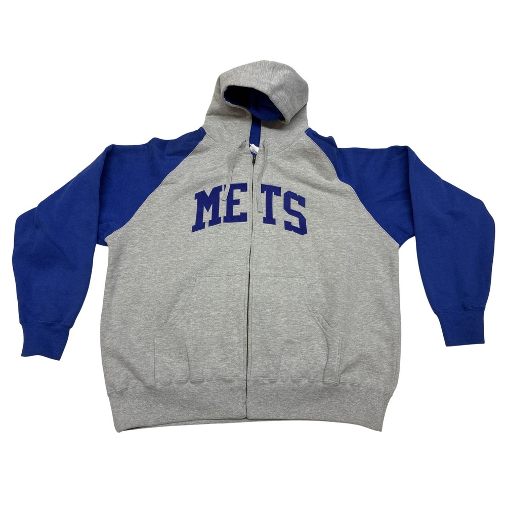 Majestic New York Mets Mens XL Full Zip Hoodie Gray Blue Raglan MLB Sweatshirt